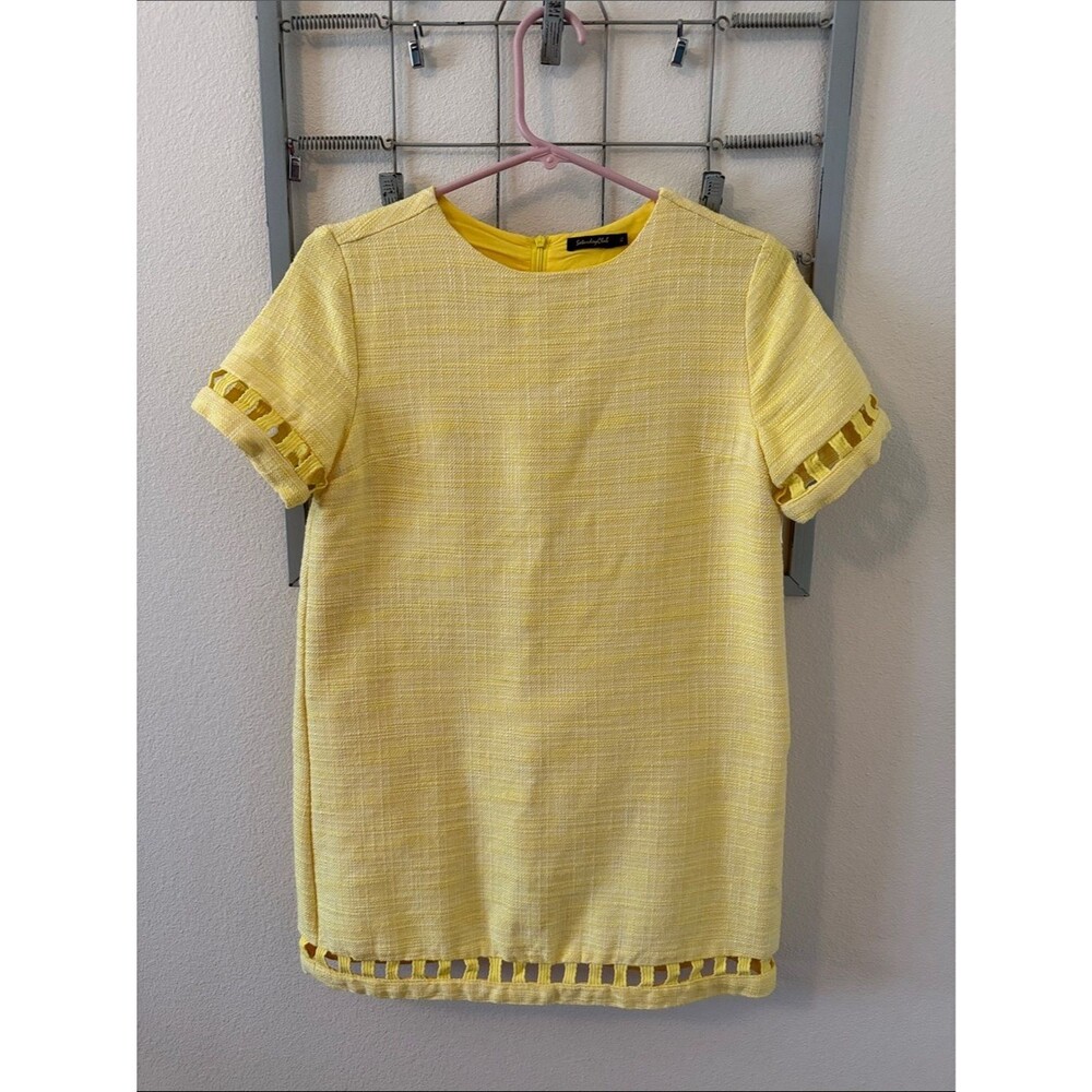 Yellow Tweed Short Sleeve vintage mini dress Size XS with Cutout Trim